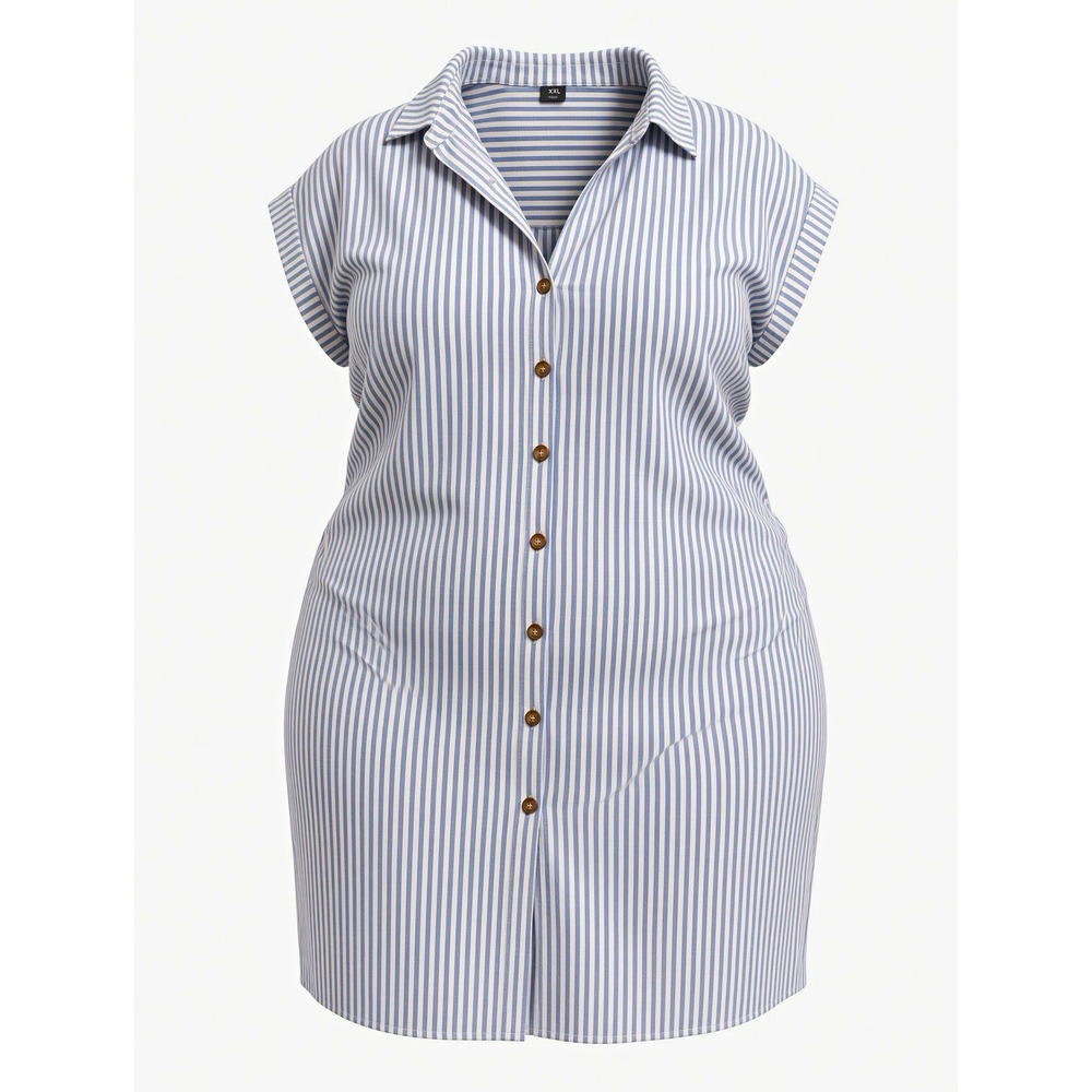 SHEIN Plus Size 2XL Blue White Stripe Button Down Shirt Dress Cap Sleeve Tie Bel